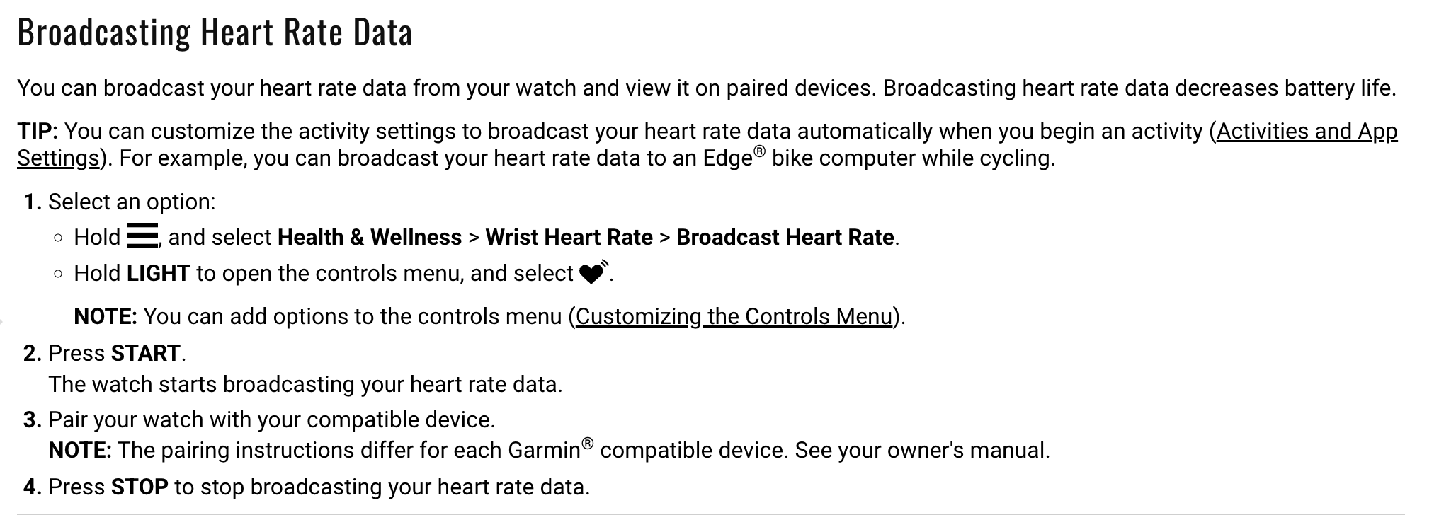 garmin forerunner 955 owner's manual excerpt showing the broadcast heart rate documentation